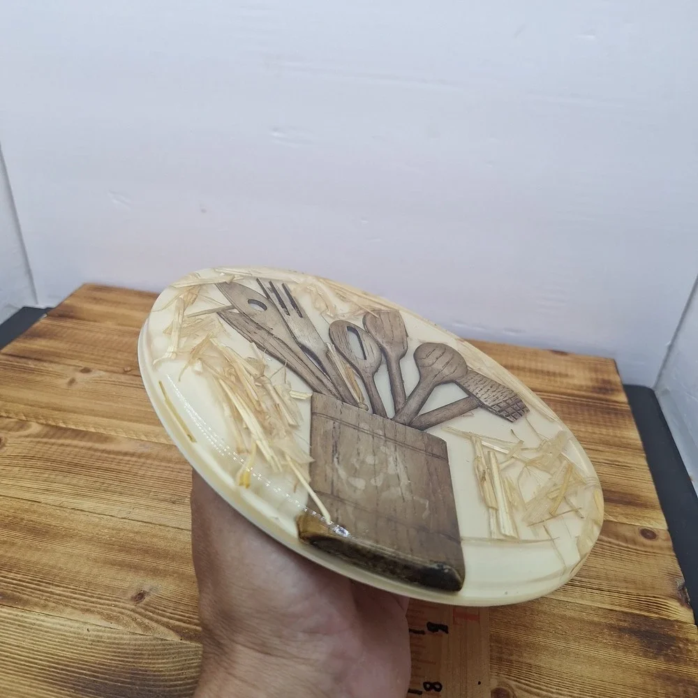Vintage MCM Lucite Acrylic Trivet Spoon Rest Wood Utensils 70s Round Beige